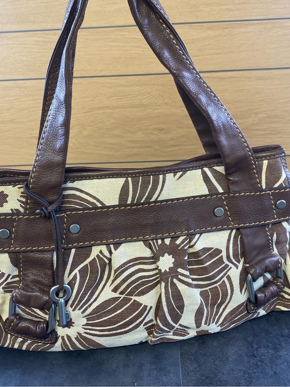 VTG Fossil Brown/cream Floral Canvas Tote/shoulder Bag w/Leather Trim & key